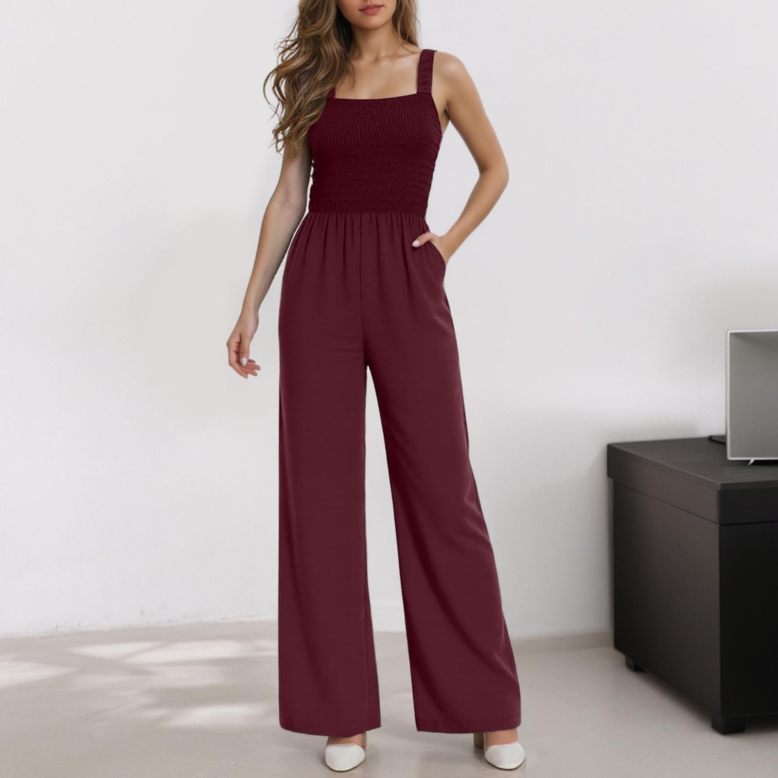 thumbnail image 2 of Mono sin mangas para mujer - Pantalones anchos - Petite/Regular/Tall - Tirantes elásticos - Casual/Trabajo - S-XXL, 2 of 5